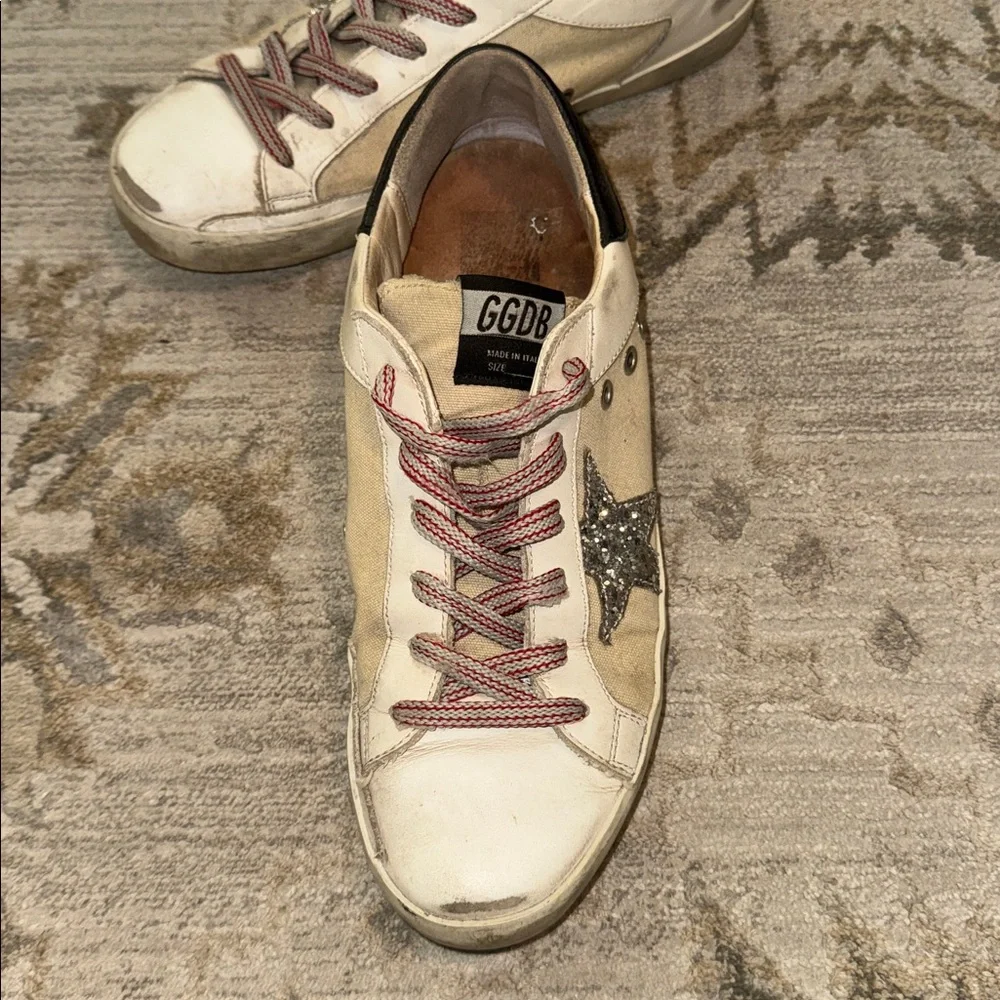 Golden Goose White Leather/Canvas Sneakers with Silver Glitter Star - Picture 6 of 14